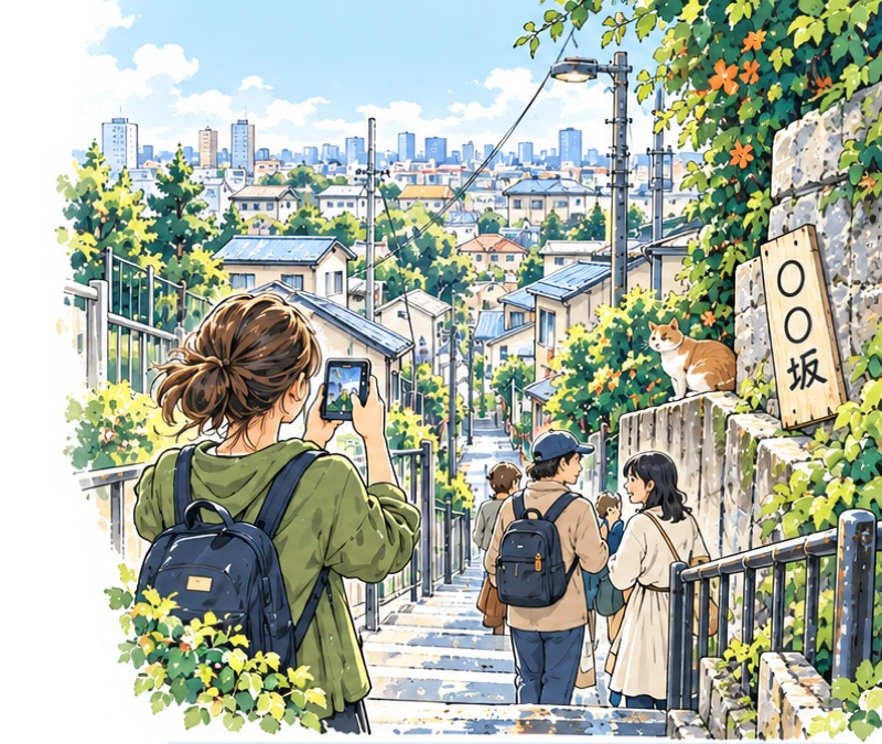 坂道を歩きながら田端の風景を撮影する人たち